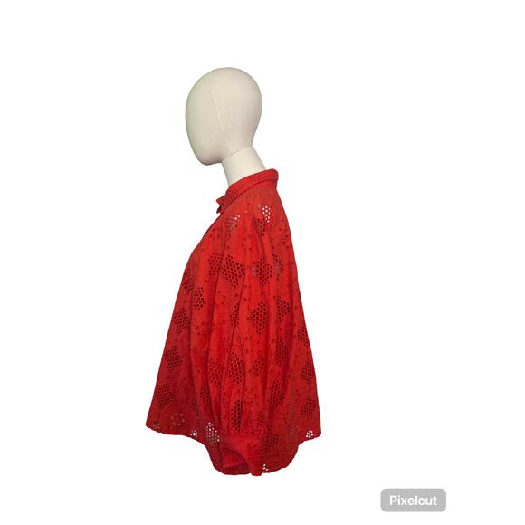 J.Crew Plus Eyelet Button-Up Shirt 2X | Red Floral Embroidered Cotton Blouse - Picture 5 of 6